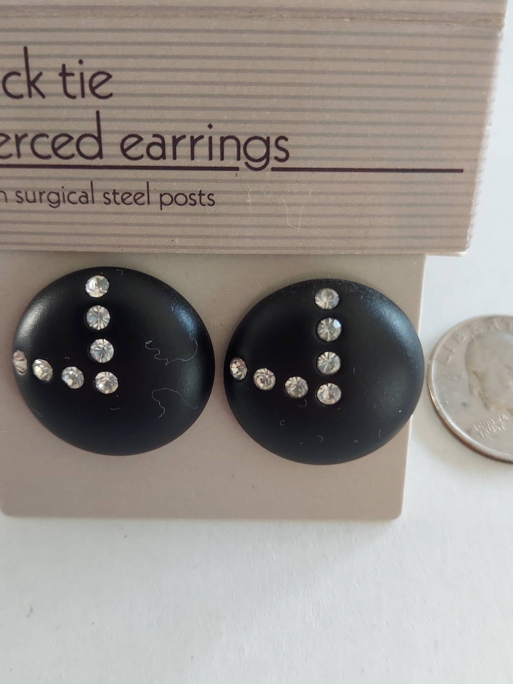 Vintage Avon Black Tie Round Stud Earrings with Clear Crystal Accents